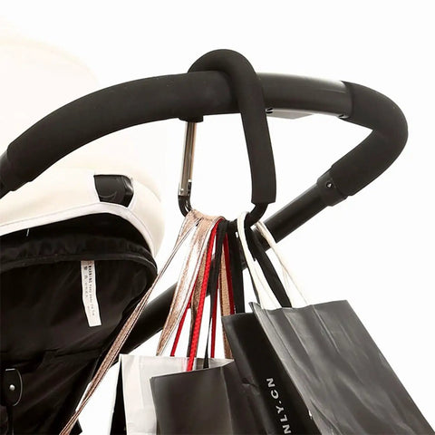 Two Pack Carabiner Stroller Hook Organizer holding shopping bags on stroller handle