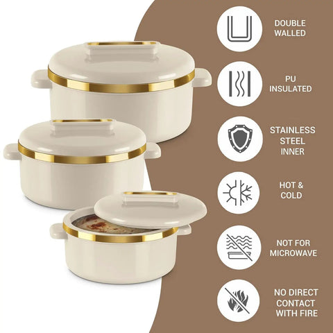 Stainless Steel Casserole Set Featuring Zero Sweat Double Wall Heat Lock To Keep Your Roti Gravy And Batch Cooked Meals Fresh Hot All Day Long Pro Grade Kitchen Storage Containers Set Of Three Ivory, showcasing double wall insulation and gold trim.
