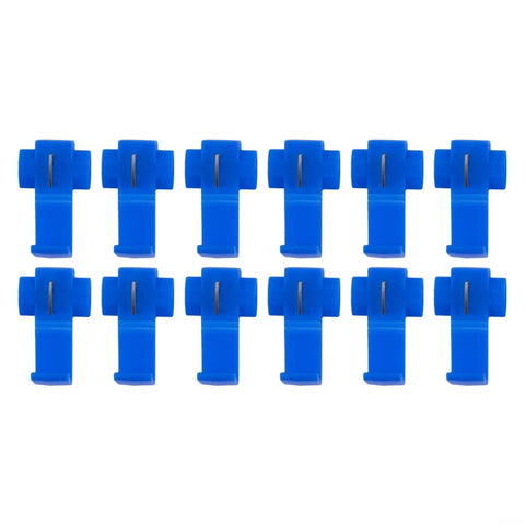 Get These 100 Blue Quick Splice Wire Connectors For Your Auto Electrical Setup. These T-Tap IDC Crimp Terminals Make AWG 14-16 Wire Splicing Easy Peasy Without Stripping Cables. Blue plastic metal wire taps, 14-16 AWG, shown in a 12-pack layout.
