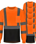 Six Pack High Visibility Long Sleeve Safety T Shirts For Work Men XL Fluorescent Orange With 2 Inch Reflective Strips