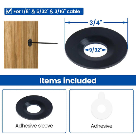 40 Pack Black Adhesive Sleeves For Cable Railing To Keep Your Wire Rope Looking Sharp Sizes 1/8 Inch 5/32 Inch 3/16 Inch Stainless Steel Grommet Sleeves For End Or Intermediate Posts On Wood Or Metal Decks diagram