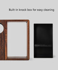 Top Shelf Wooden Espresso Knock Box Built Hella Tough With Cushioned Silicone Retrieval Bar To Smoothly Catch Spent Coffee Grounds Effortlessly Elevating Your Daily Morning Brew Routine Or Shop Station Setup showing the built-in knock box and black waste receiver.
