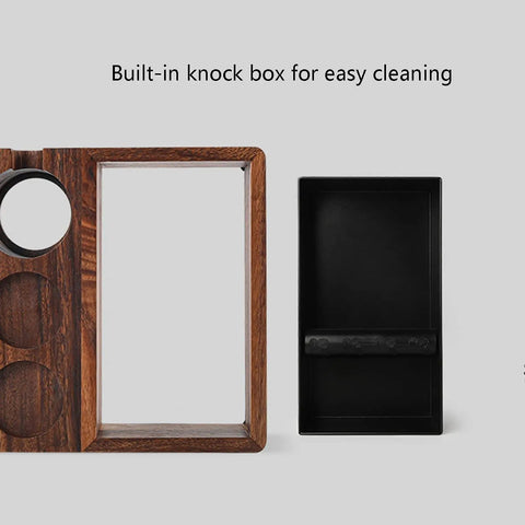 Top Shelf Wooden Espresso Knock Box Built Hella Tough With Cushioned Silicone Retrieval Bar To Smoothly Catch Spent Coffee Grounds Effortlessly Elevating Your Daily Morning Brew Routine Or Shop Station Setup showing the built-in knock box and black waste receiver.