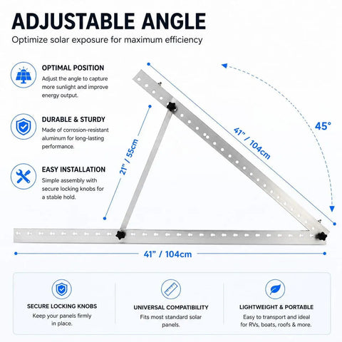 Diagram showing 41 Inch Adjustable Solar Panel Mounting Brackets Aluminum Kit for RV Roofs and Boats Easy Tilt and Angle Adjustment.