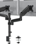 Heavy Duty Dual Monitor Desk Mount For 17 To 32 Inch Screens featuring gas spring height adjustment and clamp base.