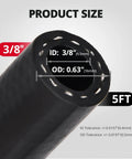 5 Foot Three Eighth Inch Transmission Cooler Hose Built Solid For High Pressure Power Steering And Hydraulic Oil Cooling SAE J1532 Rated Durable Rubber Tubing showing size and measurements.