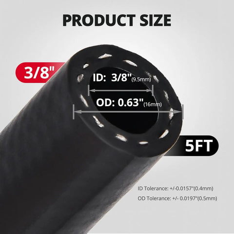 5 Foot Three Eighth Inch Transmission Cooler Hose Built Solid For High Pressure Power Steering And Hydraulic Oil Cooling SAE J1532 Rated Durable Rubber Tubing showing size and measurements.