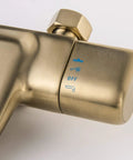 Slick Brushed Gold Thermostatic Shower System With Stable Flow Rainfall Head Wall Mounted Bathroom Faucet Set control panel.