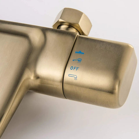 Slick Brushed Gold Thermostatic Shower System With Stable Flow Rainfall Head Wall Mounted Bathroom Faucet Set control panel.