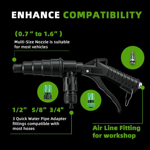 Slick Lever Action Coolant Flush Gun And Solid Heater Core Flush Kit With Universal Hose Adapters for fast vehicle radiator flushing.