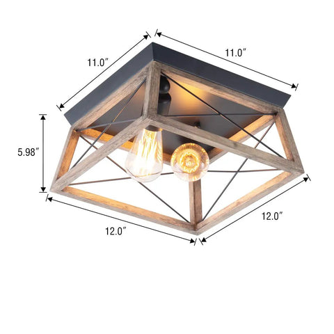 Retro Industrial Farmhouse Rectangle Flush Mount Ceiling Light Fixture With Wood Shade Two Light For Hallways Entryways Dining Rooms Bedrooms And Living Rooms In Any Home