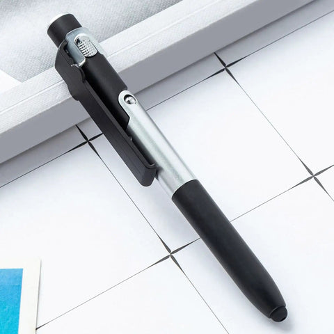 5 Must-Have Multifunctional Ballpoint Pens With 4-In-1 Writing, LED Light, Foldable Phone Stand, Smooth Fast-Dry Ink, Smudge-Resistant, Clip On Pocket Or Notebook, Lightweight Desk Accessory Gift, black pen close-up with clip and foldable stand