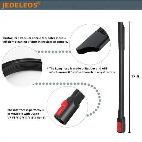 Diagram of Ultra Flexible 22 Inch Long Crevice Tool for Dyson V7 to V15 Vacuums, showing rubber and ABS build.