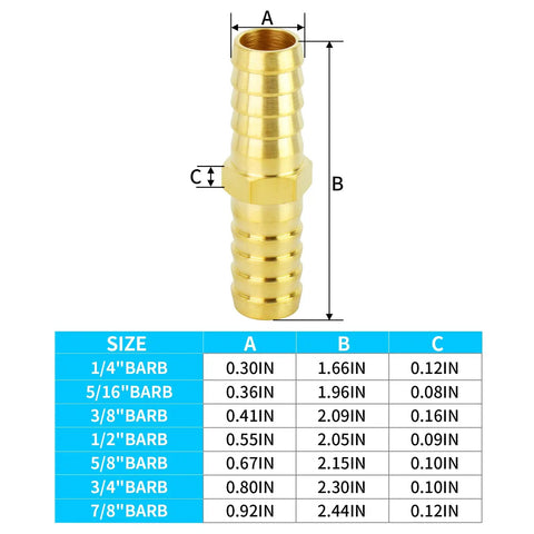 Beefy Brass Hose Barb Fittings Three Eighths Inch Barb to Three Eighths Inch Barb Splicer Union Repair Kit dimensions chart