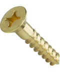 Close-up of a Straight Up Solid Brass Phillips Cross Drive Wood Screw, 2 inch, coarse threads, flat head design.