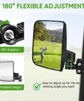 Heavy Duty Golf Cart Rearview Mirror No Drill Required Folding Adjustable 180 Degrees showing flexible rotation and golf course view.