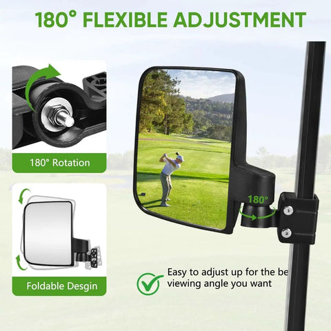 Heavy Duty Golf Cart Rearview Mirror No Drill Required Folding Adjustable 180 Degrees showing flexible rotation and golf course view.