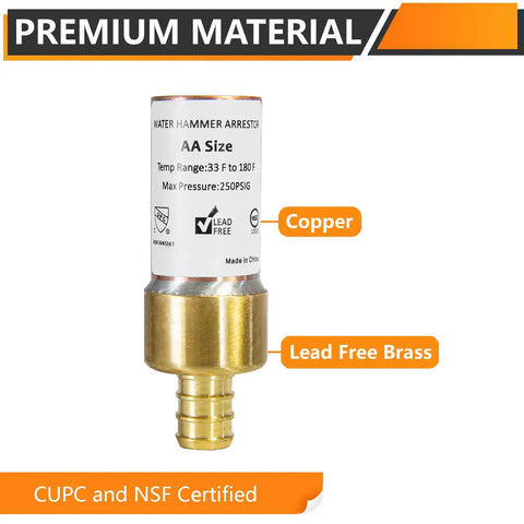 40 Piece One Half Inch PEX Crimp Connection Straight Water Hammer Arrestor Lead Free Brass CUPC Listed NSF Certified
