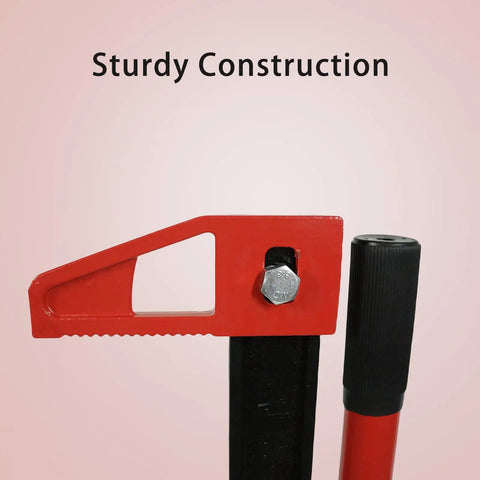 Close-up of 60 Inch Ratcheting Off Road Farm Jack Be Beefy 3 Ton Capacity 6,600 Lb Heavy Duty Lift in red and black, sturdy construction.