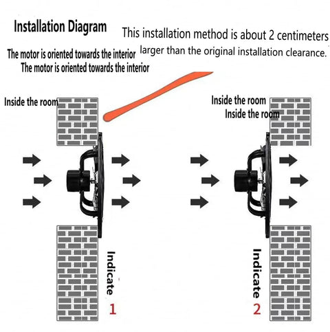 Installation diagram for 12 Inch Window and Wall Mounted Exhaust Fan with 720 CFM High Speed Airflow, 1460 RPM Adjustable Speed.