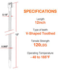 Diagram showing specifications of Heavy Duty 12 Inch Cable Ties With 120 Lb Tensile Strength, V Shaped Teethed Double Sided Grip.
