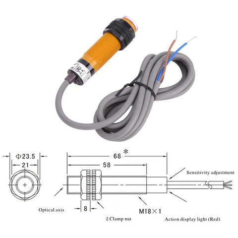 Through Beam Photoelectric Switch Kit with PNP sensor, wiring, and technical diagram, 6-36V DC for panel safety and automation.
