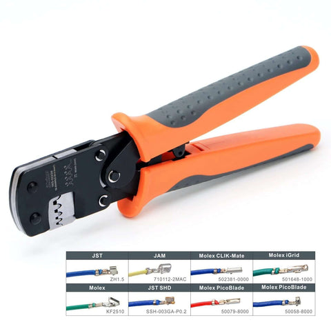 iCrimp IWS-3220M micro connector pin crimping tool, side view with orange and gray textured grips