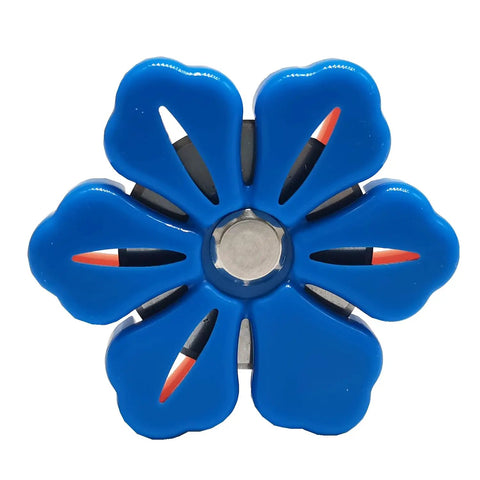 Blue flower-shaped Magnetic Thread Cutter For Craft And DIY Sewing showing magnetic center and petal blades.