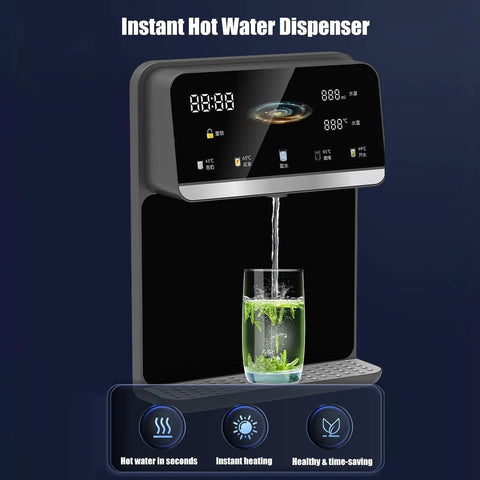 Wall Mounted Instant Hot And Cold Water Dispenser with Touch Screen, dual temperature control, and glass being filled with water.