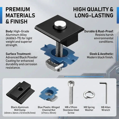 12 Pack Black Aluminum Solar Panel Mid Clamps For Unistrut Mounting 30mm And 35mm, components with wrench and screws