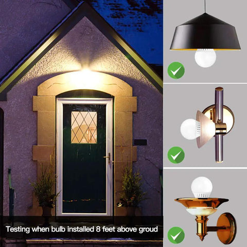 Motion Sensor Light Bulb With Dusk To Dawn Sensor E26 Base 7W LED 60W Equivalent Warm White 3000K Adjustable Motion Sensitivity And Twilight Time Settings For Auto On Energy Efficient Home Lighting installed in outdoor wall fixture