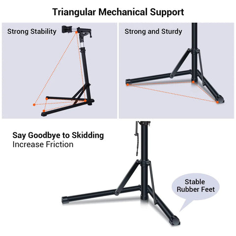 Foldable Bike Repair Stand With Height Adjustable Arm, Beefy Yet Portable Home Maintenance Rack with sturdy triangular base and non-slip foot pads.