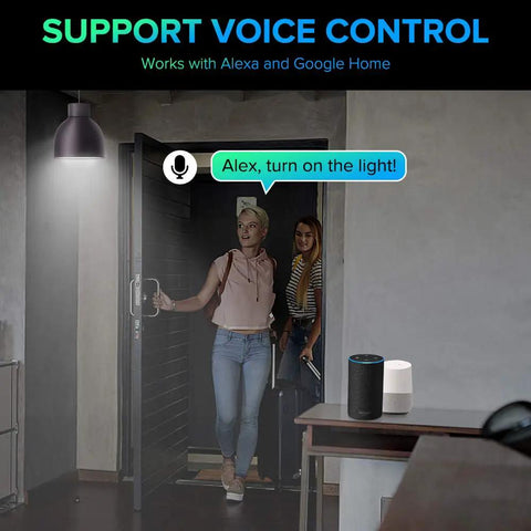 Two people entering a room with smart LED bulbs, voice control Alexa device visible. 4 Pack Smart LED Bulbs With 16W 1600 Lumens A21 Dimmable WiFi RGB CW Color Changing Tunable White 2700K-6500K 100W Equivalent Works With Alexa Google Home 2.4GHz.