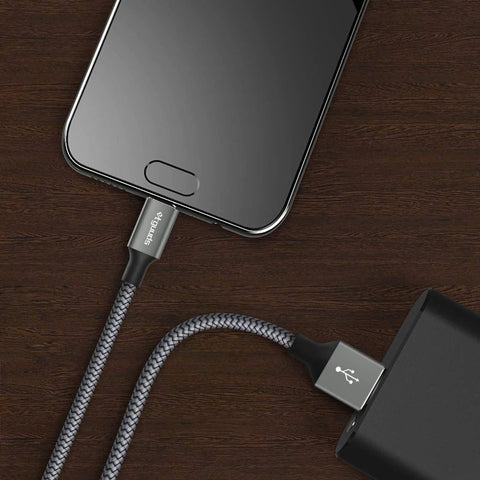 etguuds braided USB-A to USB-C charging cable, 3 ft, gray, 2-pack, plugged from wall charger to smartphone