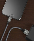 6ft USB A To USB C Cable 2 Pack Fast Charging Cord Type C Charger High Speed 3A Output QC 3.0 Compatible Data Sync Up To 480 Mbps Dope Durable Nylon Braided Cable connected to phone and charger