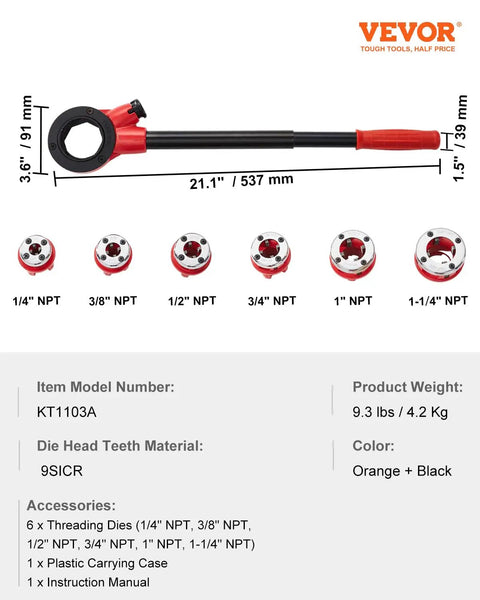 Ratcheting Pipe Threader Kit With Six Dies One Quarter Inch NPT To One And A Quarter Inch NPT Portable Pipe Threading Tool Set
