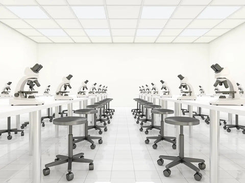 Laboratory with microscopes illuminated by 2x2 LED Flat Panel Light With 3300 Lumens, Switchable 3500K 4000K 5000K CCT.