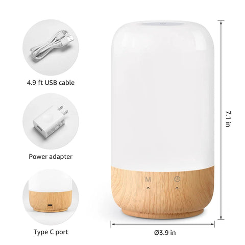 Wood Grain LED Table Lamp With Touch Dimmer For Bedside Auto Off Timer 350 Lm Soft Warm White Or Daylight Cool White Dope RGB Mood Lighting shown with included USB cable, power adapter, and Type C port.