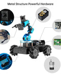 Front view of HIWONDER 6DOF robot arm on blue 4WD chassis with mecanum wheels and gripper
