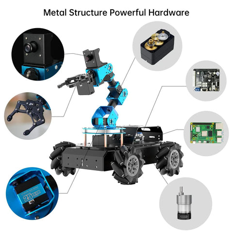 Front view of HIWONDER 6DOF robot arm on blue 4WD chassis with mecanum wheels and gripper