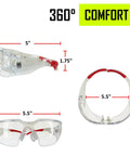 Tough As Nails Frameless Wraparound Safety Glasses angled view, showing adjustable red nose pads and size dimensions, for construction use.