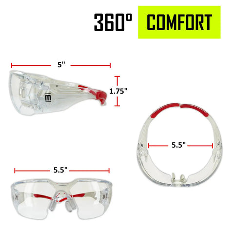 Tough As Nails Frameless Wraparound Safety Glasses angled view, showing adjustable red nose pads and size dimensions, for construction use.