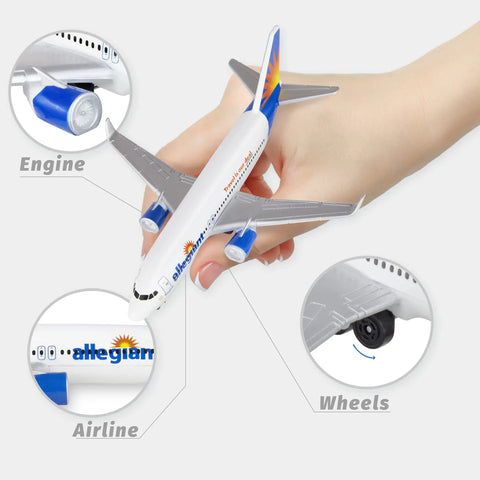 Hand holding Allegiant 1/400 Diecast Airplane Model For Collectors, Ultra Detailed Plastic And Metal Display Replica with engine detail