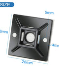 Close-up of 100 Pack 1.1 Inch Self Adhesive Cable Zip Tie Mounts with size dimensions in millimeters, PA66 nylon material.