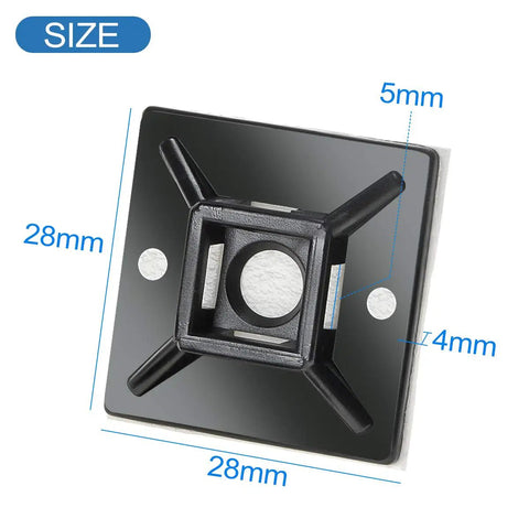 Close-up of 100 Pack 1.1 Inch Self Adhesive Cable Zip Tie Mounts with size dimensions in millimeters, PA66 nylon material.