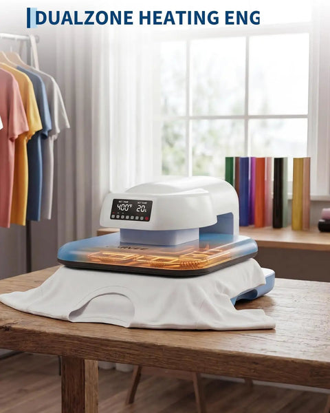 Professional Electric Heat Press Machine Blue White Large Capacity For T Shirts Hoodies Professional Sublimation Heat Press For Htv Vinyl And Diy Craft Projects Big Work Area on a table with a white shirt.