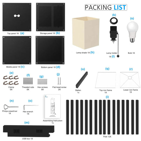 Packing list for Shelf Floor Lamp With Solid Wood Shelves And USB Charging Ports, showing components and accessories.