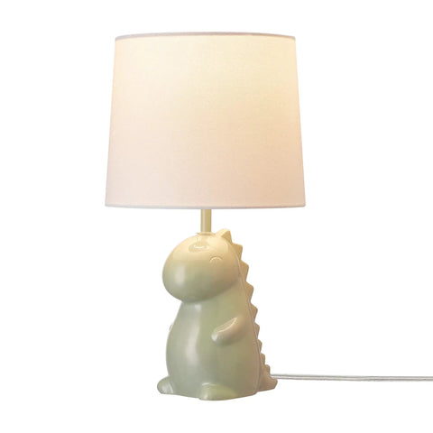 Tommy Dinosaur 16 Inch Ceramic Table Lamp In Green With White Cotton Shade on kids nightstand.