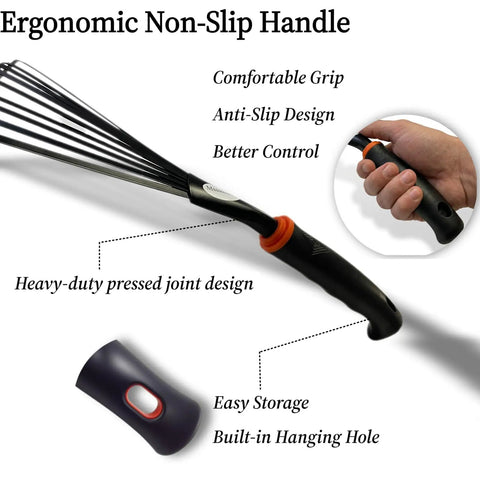 Two Pack Garden Hand Rake With Durable Steel Tines Small Shrub Rake showing ergonomic non-slip handle and grip features