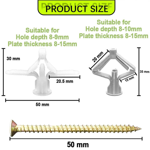 Heavy Duty Drywall Anchor Kit With Self Drilling Screws, No Pre Drill Required, 50 mm anchor and screw size chart